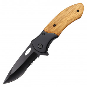 8" Black Serrated Pocket Knife W/ Wooden Handle