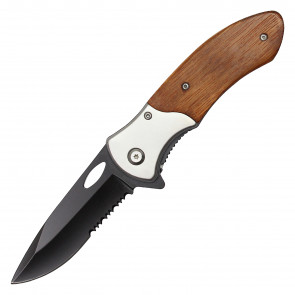 8" Black Serrated Chrome Pocket Knife W/ Wooden Handle