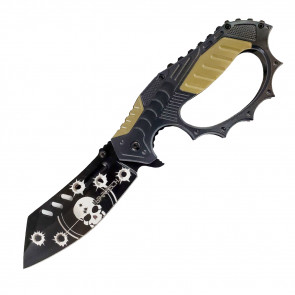 8" Black & Gold Cleaver Blade Assisted Trench Knife w/ Skull Design