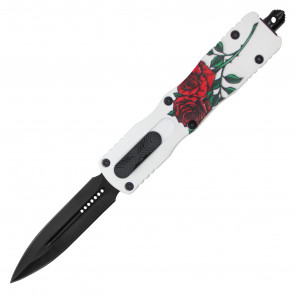 7.5" Atomic USA Auto OTF Front Push Knife w/ Dagger Blade Rose Graphic White Handle
