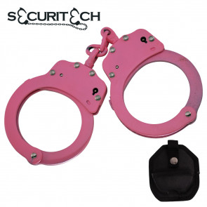 Stainless Steel Tactical Police Chained Pink Handcuffs w/ Nylon Case