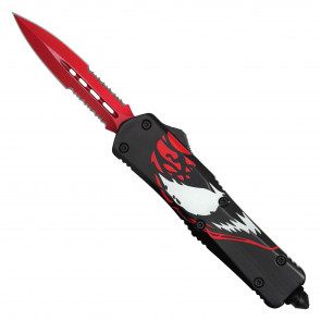 9" Atomic Dual Action OTF Knife w/ Red Xenomorph Double Edge Serrated Blade