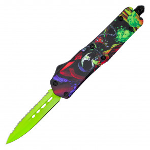 9"Atomic USA Auto OTF "Thin Man" Knife w/ Necromancer Thermal Print Graphic Blade