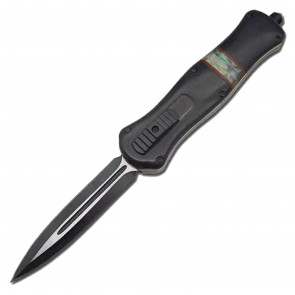 9.25" Atomic Dual Action Black Wood Abalone Inlay OTF Knife w/ Double Edge Blade