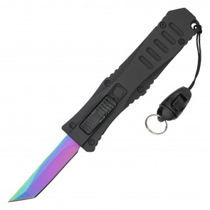 5.5" Black Micro OTF Knife w/ Rainbow Tanto Blade