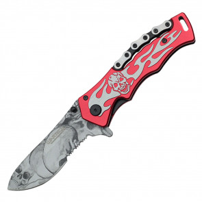 8" Flaming Skull With Skull Sketches On The Blade and Belt Clip (Red)
