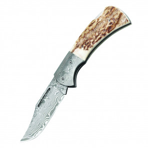 8" Damascus Blade Folding Knife w/ Stag Horn Inlay Handle