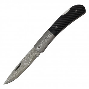 7" Damascus Blade Folding Knife w/ Bison Horn Handle