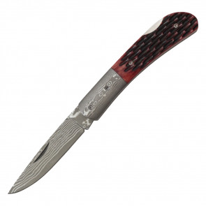 7" Damascus Blade Folding Knife w/ Jigged Bone Inlay