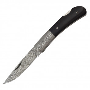 7" Damascus Blade Folding Knife w/ Bison Horn Handle