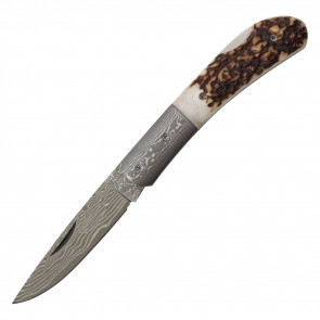 7" Damascus Blade Folding Knife w/ Stag Horn Handle